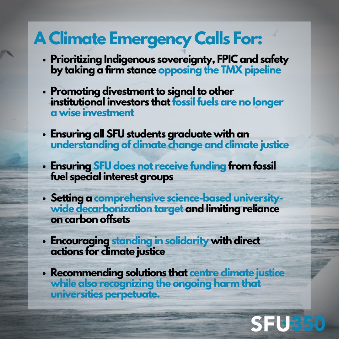 sfu350's tweet photo. After years of fighting for divestment, our Climate Emergency
Declaration Letter Campaign (with over 1000 signatures), and
students coming together from all departments, affiliations,
and spaces - we pushed and made this happen! https://t.co/vJqUrHppRf