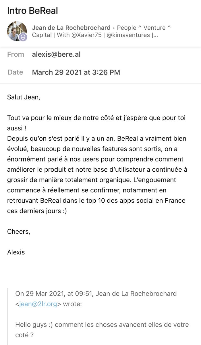 2lr's tweet photo. Introduced to @AlexisBarreyat on March 1st, 2020 

- 100+ DAUs

Reconnected on the 29th of March, 2021 - after John told @Xavier75 about this new app he was using with all his friends on a daily basis 

- 50K DAUs

It is just the beginning for @BeReal_App

- 2M+ DAUs https://t.co/9jUxN7JUpv