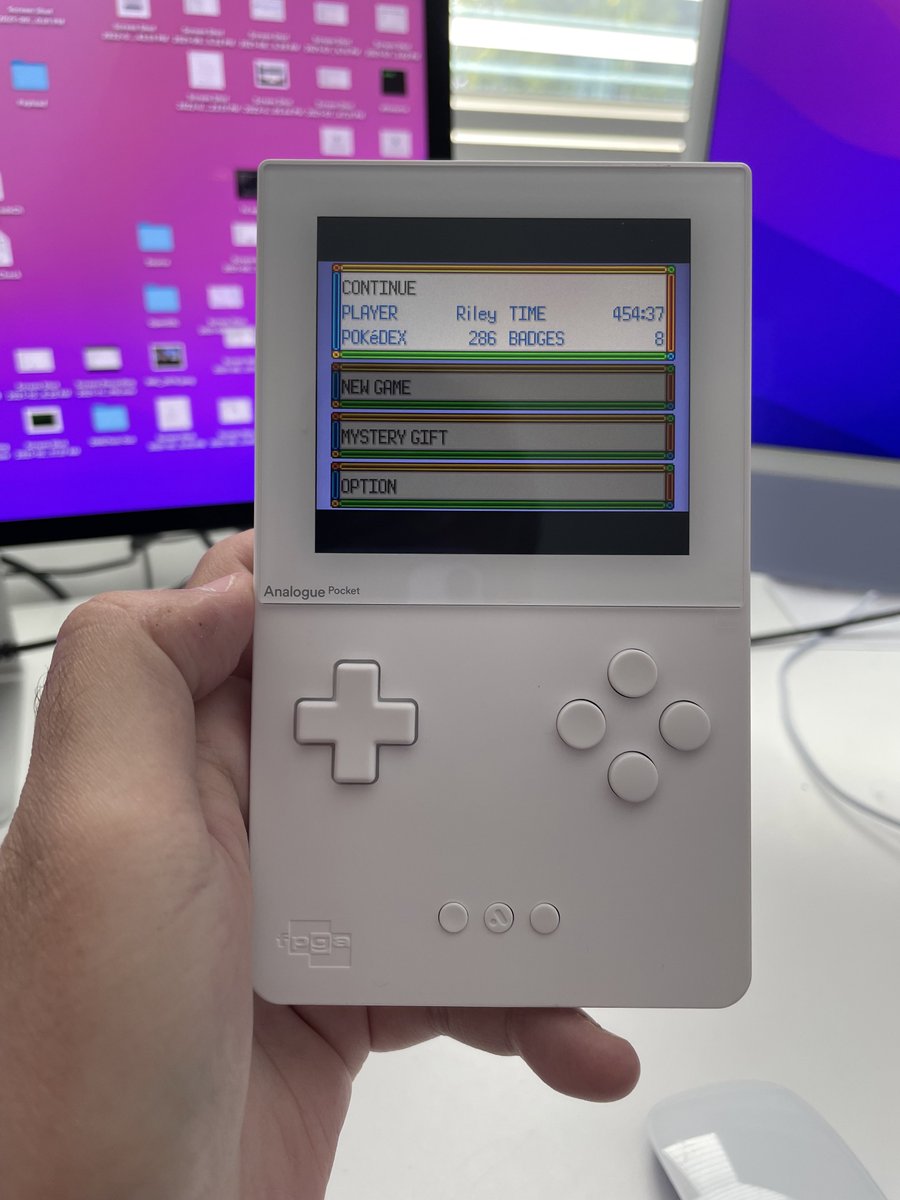 Analogue Pocket displaying my Pokemon Emerald save file with 454 hours of gameplay.