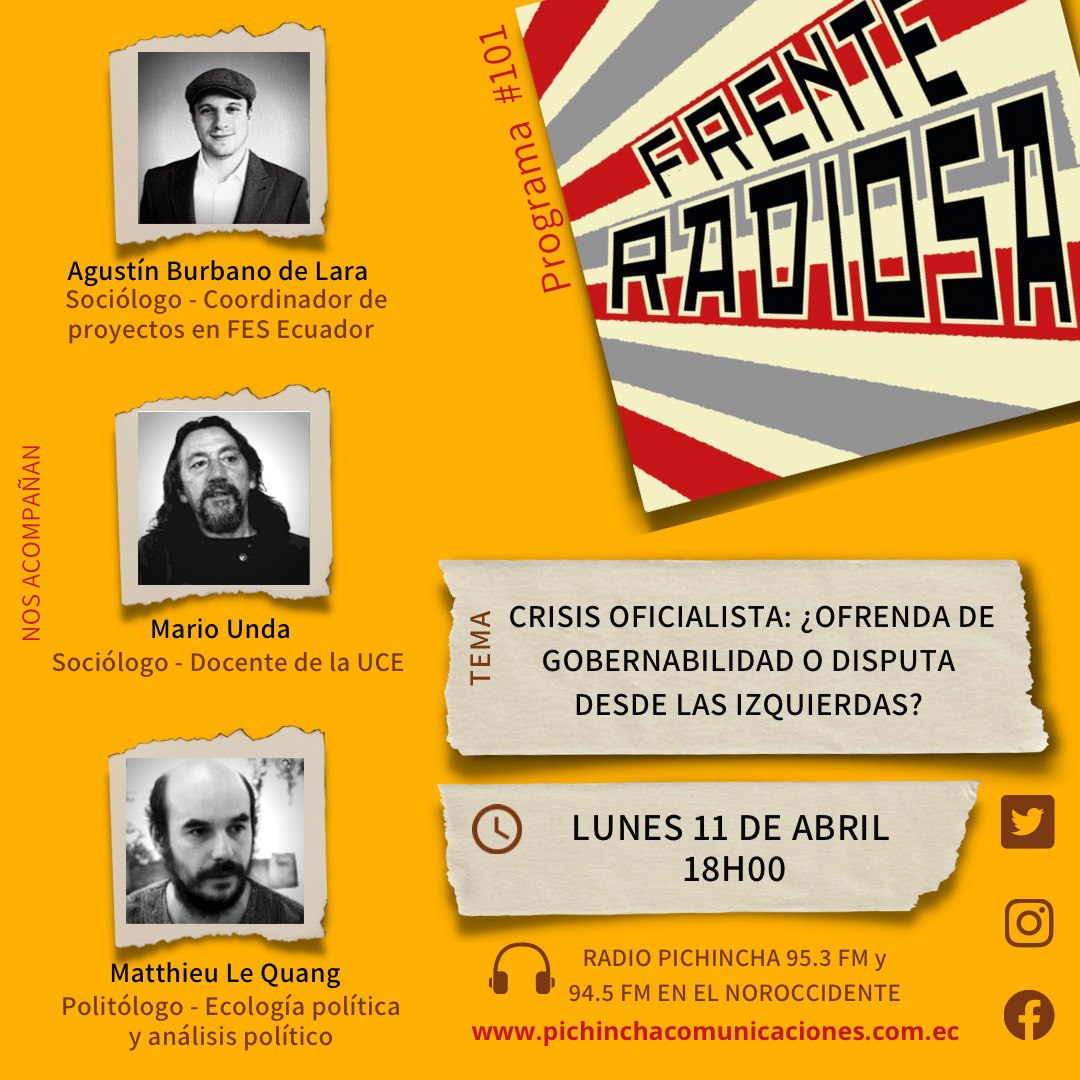 frenteradiosa's tweet photo. 📢 ¡HOY a las 18h00!

Crisis oficialista: ¿Ofrenda de gobernabilidad o disputa desde las izquierdas?

Nos acompañan @tinagus2000, #MarioUnda y @CompaMatt. Con la conducción de @isabeldiazec y @JahirenNoriega por @radio_pichincha 95.3 FM 📻

#AgitamosLaPolítica https://t.co/VEBugZOsCJ