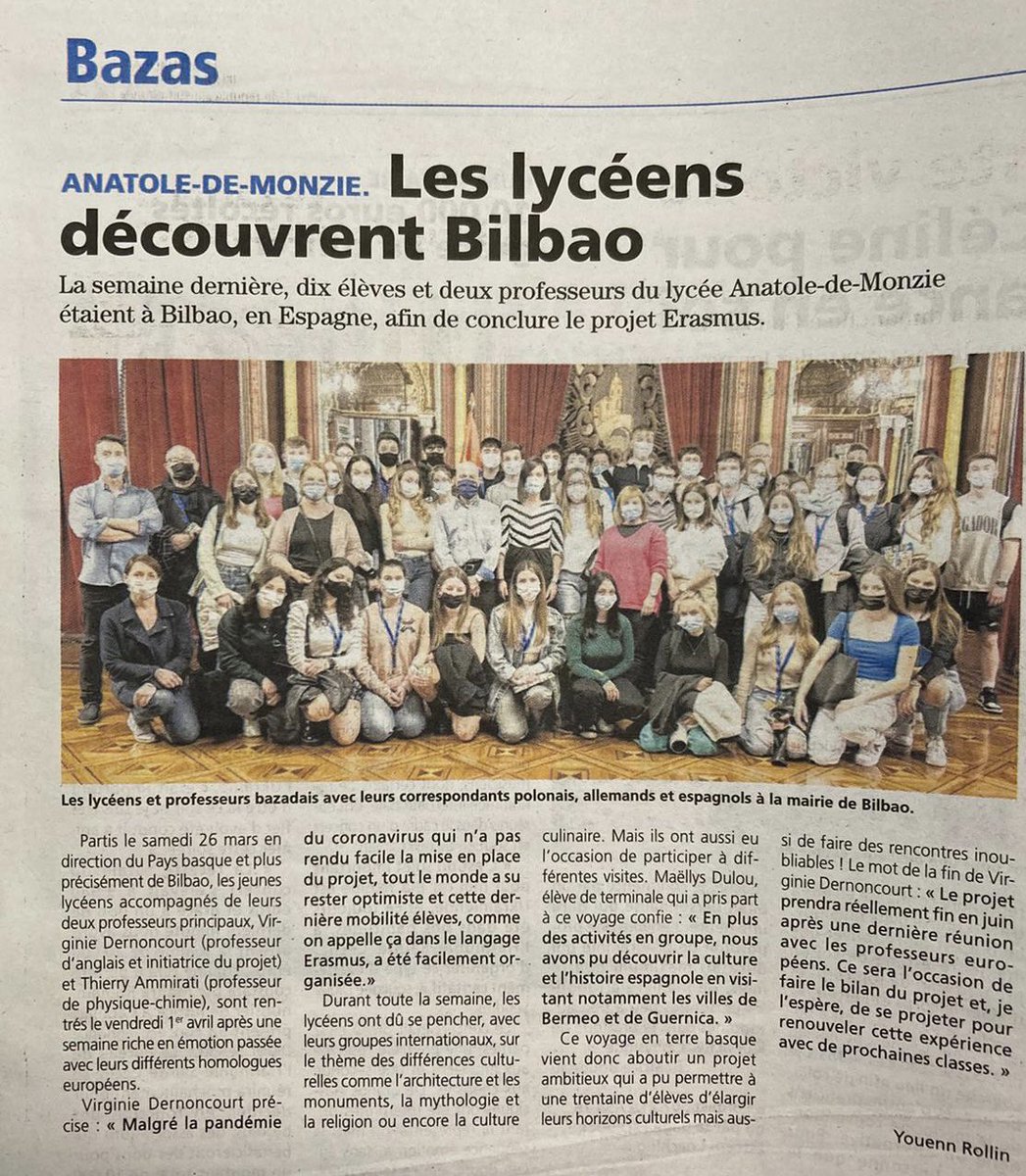 Virginie Dernoncourt (@virginiedernon1) on Twitter photo @gen_erasmus <a href="/EUErasmusPlus/">Erasmus+</a> <a href="/EuropesEyes/">Europe's Eyes</a> our Erasmus+ mobility to Bilbao has appeared in Bazas’s local newspaper, article written by one of my students <a href="/youennrln/">Youenn Rollin</a> So proud 😄 @gen_erasmus <a href="/EUErasmusPlus/">Erasmus+</a> <a href="/EuropesEyes/">Europe's Eyes</a> our Erasmus+ mobility to Bilbao has appeared in Bazas’s local newspaper, article written by one of my students <a href="/youennrln/">Youenn Rollin</a> So proud 😄