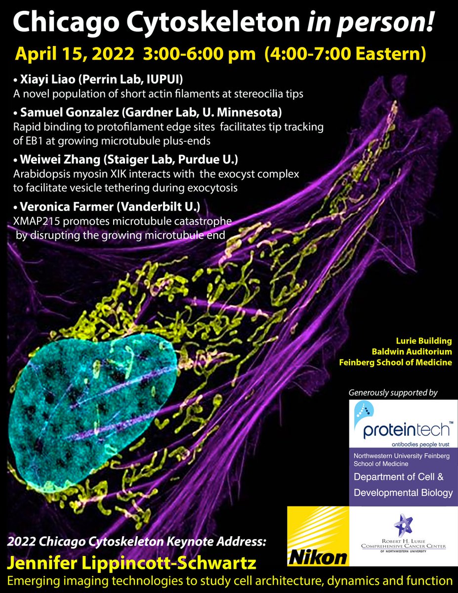 Do not forget about the Chicago Cytoskeleton meeting on Friday. Our keynote speaker is Jennifer Lippincott-Schwartz!