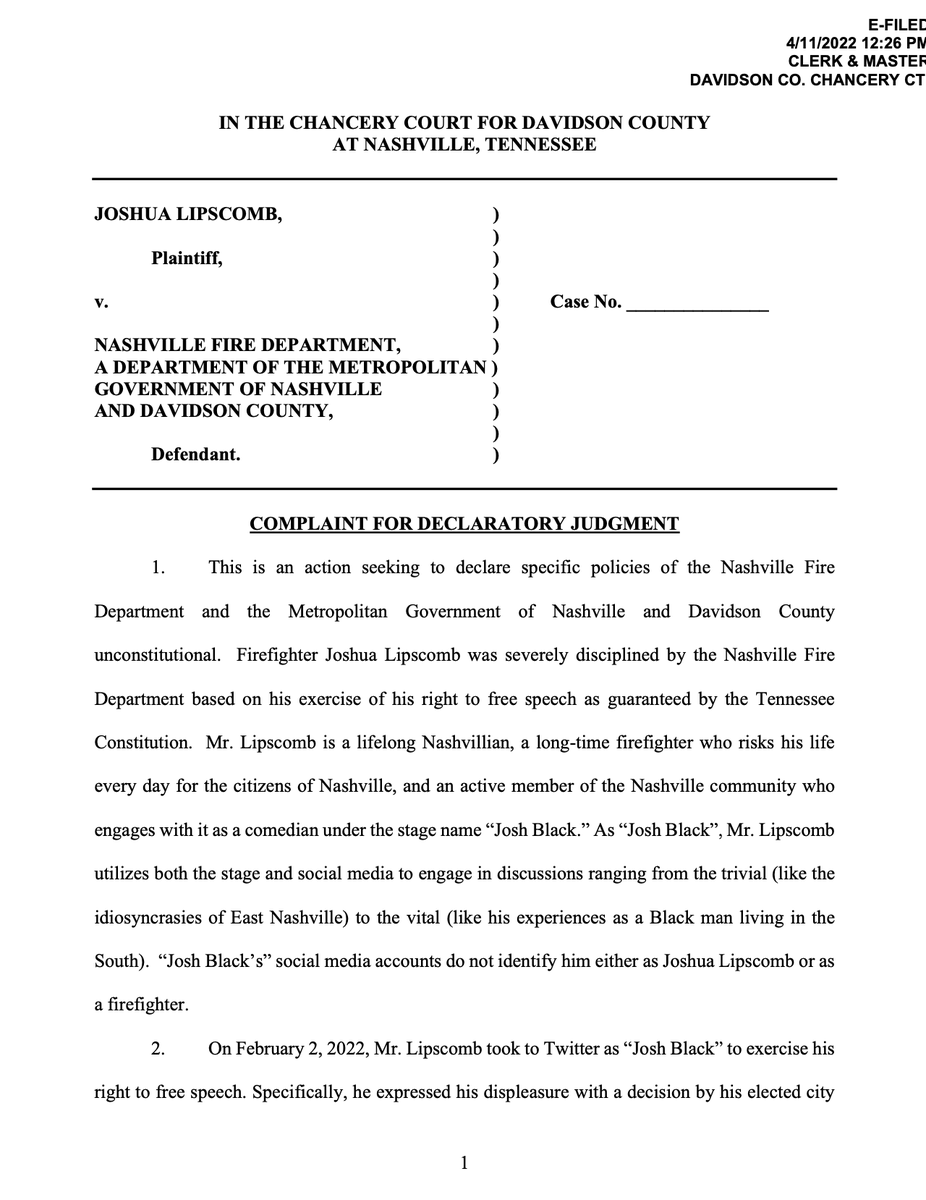 Just in: <a href="/SirJoshuaBlack/">Josh Black</a> sues <a href="/NashvilleFD/">Nashville Fire Dept</a>. nashvillechanceryinfo.org/CaseDetail.asp…