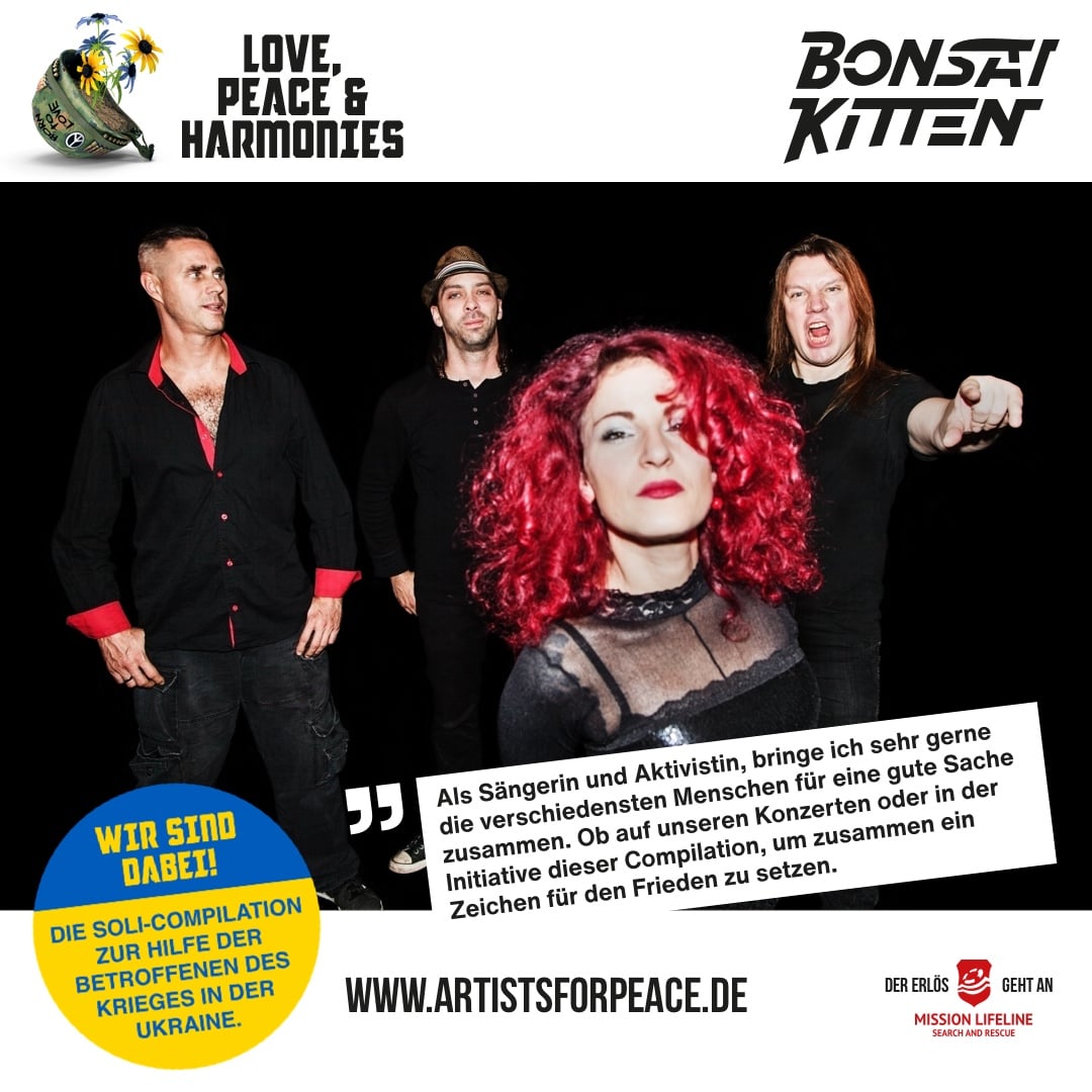 Die bezaubernde Initiatorin von #ArtistsForPeace, <a href="/Tiger_Lilly_M/">tigerlillymarleen</a> ist mit Ihrer Band <a href="/bonsai_kitten/">BONSAI_KITTEN</a> selbstverständlich auch vertreten!
❤️☮️&amp;🎶
#LovePeaceAndHarmonies
artistsforpeace.de
startnext.de/ArtistsForPeace
Der Erlös geht an die Ukraninehilfe von <a href="/SEENOTRETTUNG/">MISSION LIFELINE INTERNATIONAL e.V.</a>