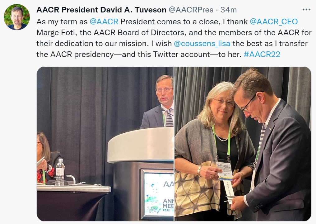 As I begin my term as <a href="/AACR/">AACR</a> President, I thank Dave Tuveson for his inspired leadership over the past year. I look forward to working with the entire cancer community to advance our mission. #AACR22