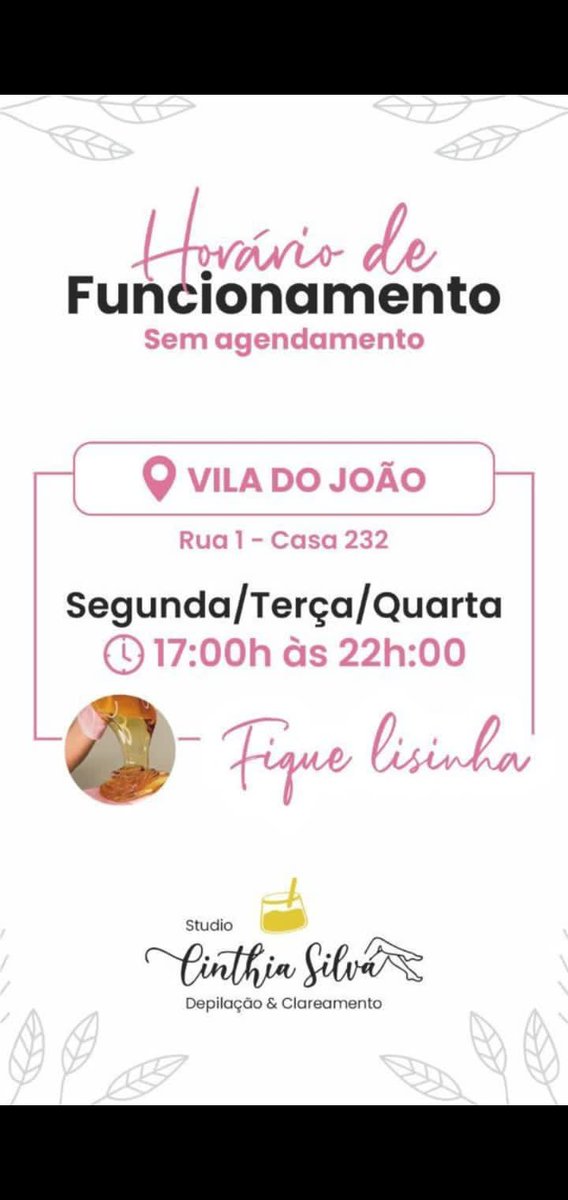 Boa tarde meninas, já iniciei os atendimento na Vila do João 🤩 estou aguardando vocês!!!