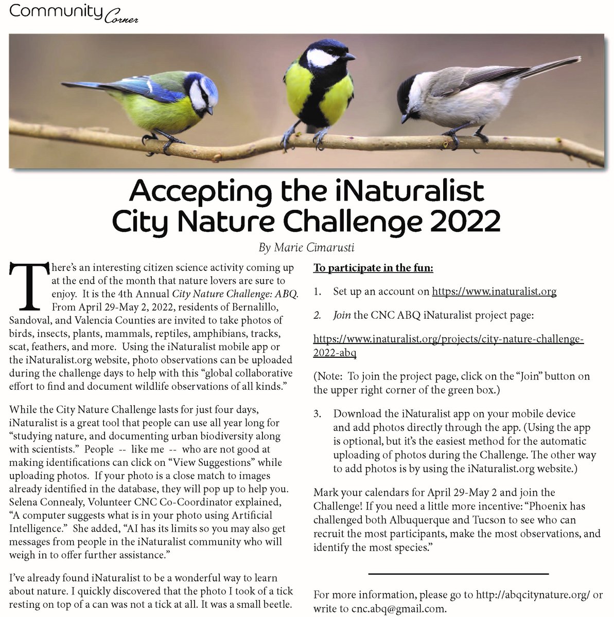 #CityNatureChallengeABQ is featured in #SandiaHeights and #HighDesertLiving @HighDesertLiving #magazine 

Are you ready for April 29th??

#CityNatureChallenge2022 #CityNatureChallenge #CommunityScience #CitizenScience #iNaturalist #NatureApp #nature #wildlife #UrbanWildlife