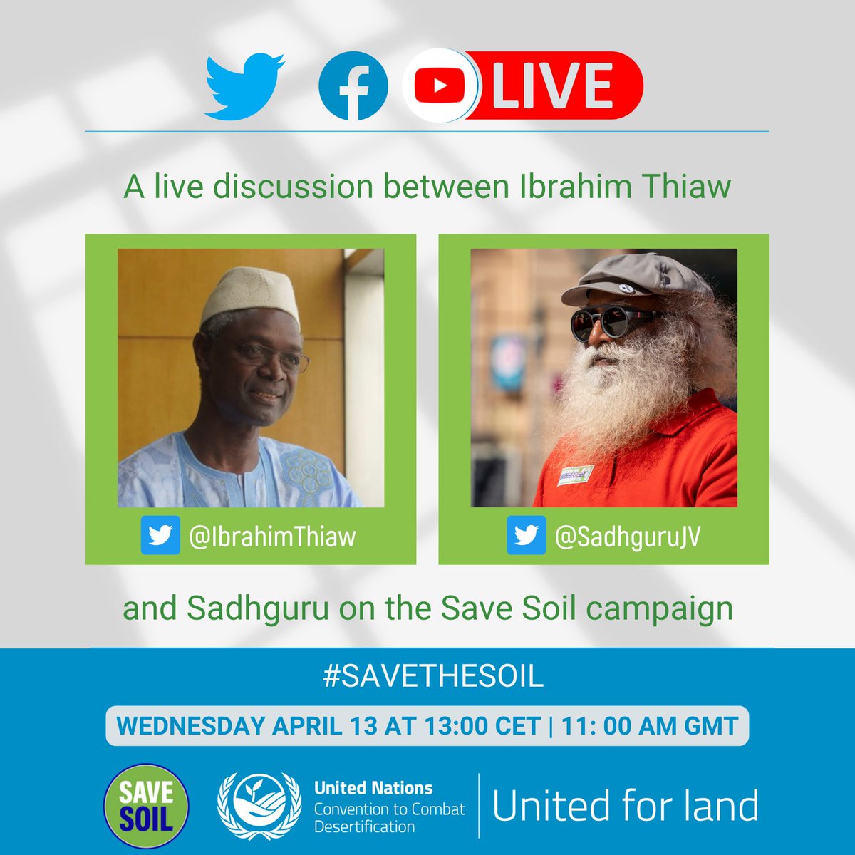 UNCCD's tweet photo. 🏍️ TOMORROW: The #JourneyForSoil is coming to @UNBonn!

Join us LIVE on Wed. 13 April at 1 PM CET / 11 AM GMT for a discussion between @SadhguruJV and @ibrahimthiaw on the #SaveSoil campaign and the sustainable future of land and soil. 

🏍️ #UNited4Land #SaveSoilatUNCCD https://t.co/HTEaxBHeMO