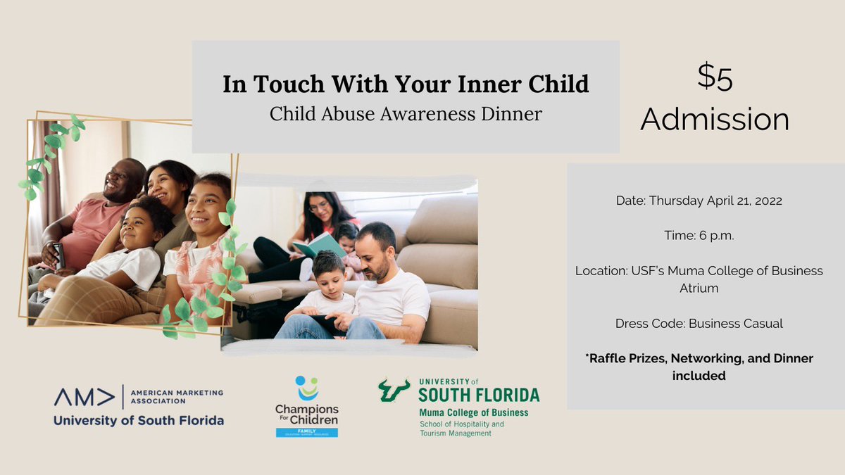 You’re invited! AMA at USF has organized a dinner banquet for Child Abuse Prevention Month! We’re partnering with <a href="/cfctampabay/">Champions for Children</a> to host this dinner to raise awareness for child abuse and prevention. Click the link in our bio to get tickets and reserve your seat‼️