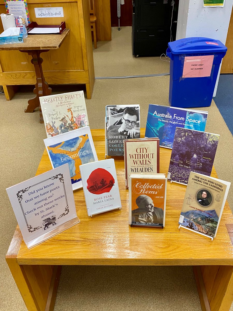 SMLionsLibrary's tweet photo. @SMLions did you know that the @SMLionsLibrary's collection includes myriad works by talented #alumni? Stop by the #library &amp; see #poetry written by #RobertLowell, #LaurieRobertsonLorant, and #WHAuden to name just a few. #SMLionsLibrary #SMLionPride #SMAlumni #LibGuide #SMLearns https://t.co/w2fc58sRQd