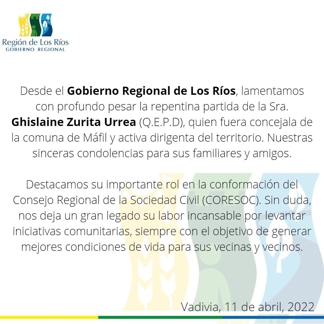 GOREdeLosRios's tweet photo. 🕊Lamentamos con profundo pesar la repentina partida de la Sra. Ghislaine Zurita Urrea (Q.E.P.D), quien fuera concejala de la comuna de #Máfil y activa dirigenta del territorio. 

Nuestras sinceras condolencias para sus familiares y amigos. 🤍 #valdiviacl #elranco #LosRios https://t.co/89AoLVhGnB