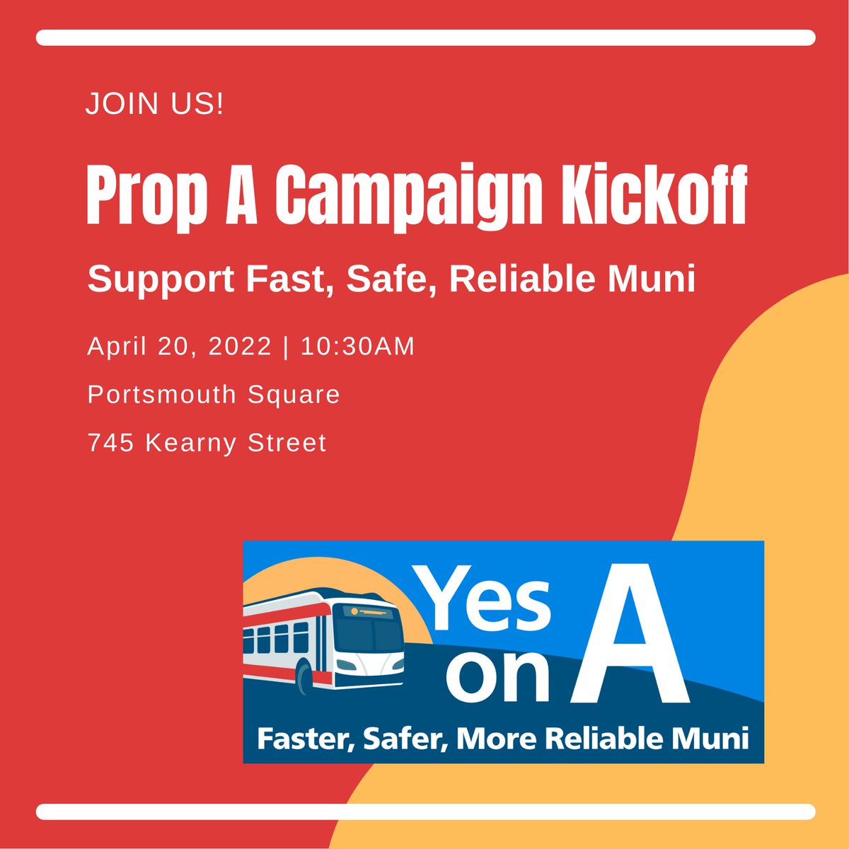 yestomuni's tweet image. Do you love public transit?

Well, join us on Wednesday, 4/20/22 at 10:30AM for Prop A’s Campaign Kickoff!

San Francisco has one of the best transportation systems in the world.

Let’s keep it that way!

#YestoMuni #SupportPublicTransit