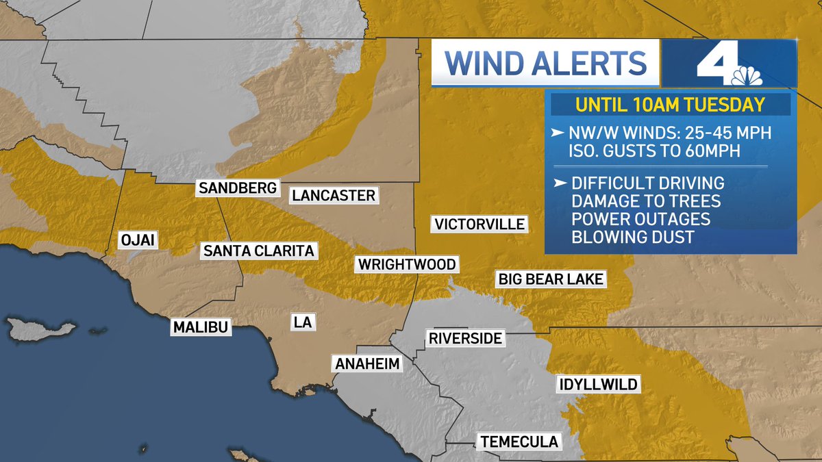 Melissa_Magee's tweet photo. HIGH WINDS. Wind Advisory & High Wind Warning for our region through Tuesday. Strong northerly or northwest winds will howl through the day; the strongest will be during first half of the day. @NBCLA #NBCLA #StrongWinds #WindWarnings https://t.co/ergzisHn9n