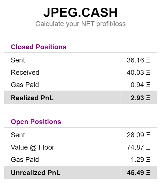It took me a week and a half to code jpeg.cash

I wanted something to quickly calculate my nft profit/loss and also be able to export to Excel

it is the most minimum of viable products, but what it does it does well

give it a try and tell me how to improve!
