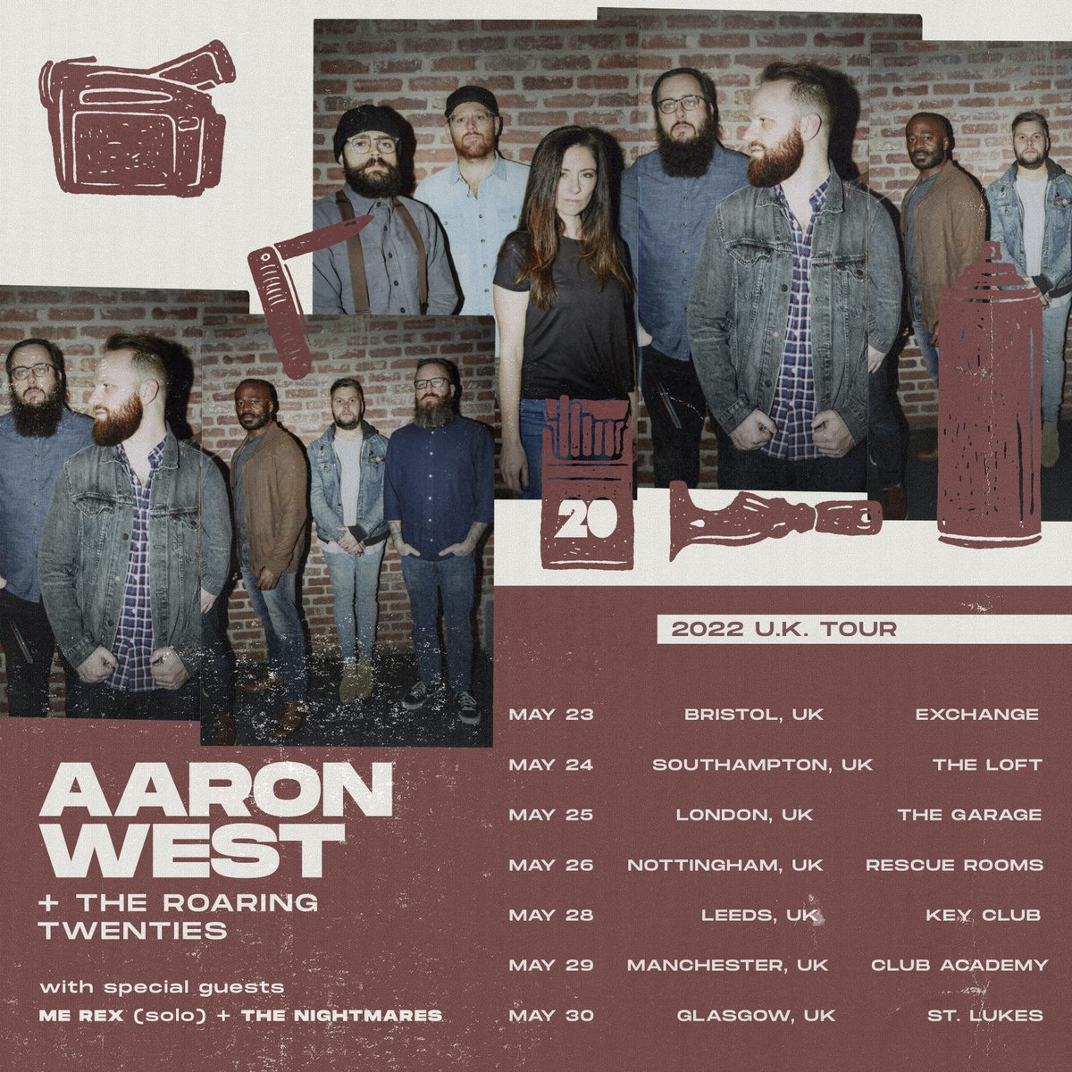 We’ve got great news. We’re going to be joined on our upcoming UK dates by <a href="/merexband/">ME REX 🪱</a> &amp; <a href="/THENIGHTMARESUK/">THE NIGHTMARES</a>. 

This, of course, will finally be the first full band AW20 tour in the UK ever and we’re eternally excited. Tickets are on sale now at aaronwestandtheroaringtwenties.com