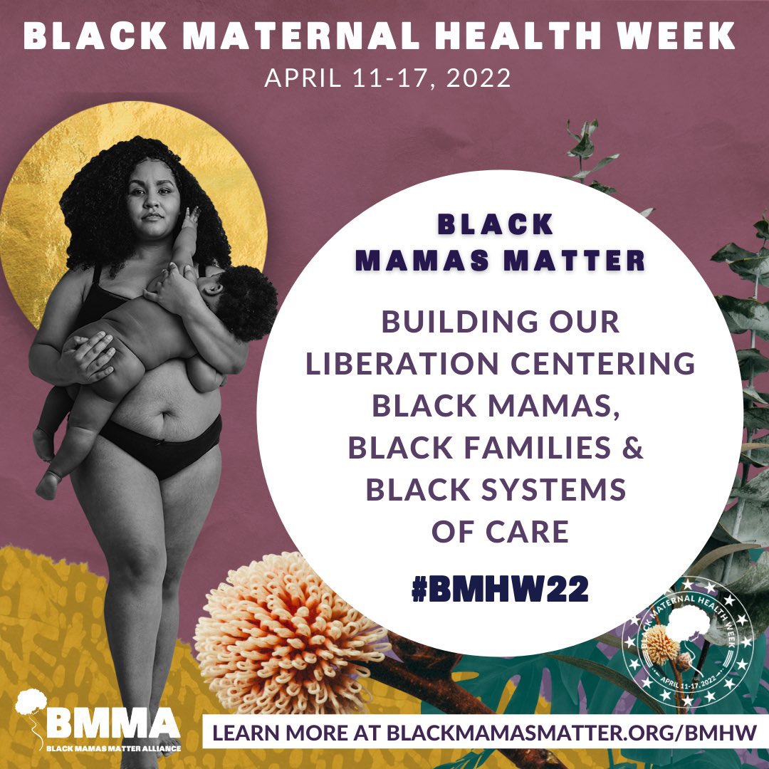 PHSRJ_JH's tweet photo. Founded by @BlkMamasMatter, #BlackMaternalHealthWeek is a week of awareness, activism &amp; community-building aimed at amplifying the voices of Black Mamas &amp; centering values + traditions of the reproductive &amp; birth justice movements. #BMHW22

Learn more: https://t.co/2l2M9YnjwP! https://t.co/a85VhTokko
