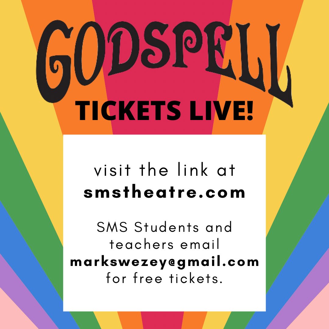 Godspell tickets are live! Get them at smstheatre.com or the link in our bio! Available for the following dates: April 22nd at 7:30, April 26th-29th at 7:30, streaming option May 1st at 7:30 SMS Students and Teachers: email markswezey@gmail.com for a free ticket. 🌈🌈🌈