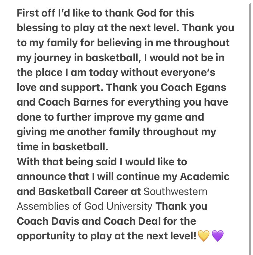 AustinJones34_'s tweet photo. Blessed to announce my Commitment to Southwestern Assemblies of God University💜💛

@CrosbyHoops @edwinegans20 
@JoeJRJjones @coachdeal10 
@chefdavis23 @jasonldavila 
@ajones4541 @AllNOneSports1 @sagu 
@WETRAINALL @leron_barnes @4YFilms @djones8301 @JerryPrieto8 https://t.co/eZrSXY3Wrw