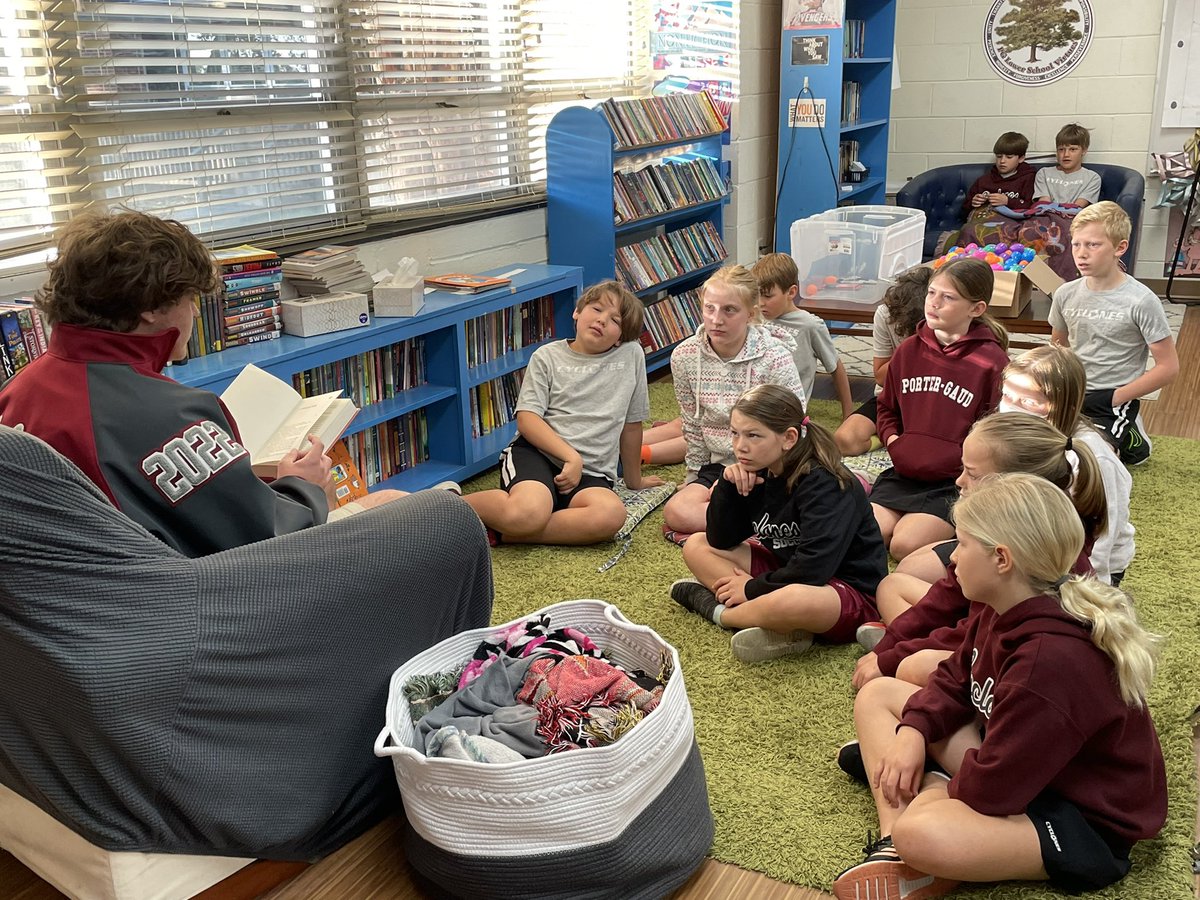 Loved having a senior come and read one of his 4th grade favorites to us this morning. Thanks <a href="/rickriordan/">Rick Riordan</a> for a intriguing first chapter to get my kiddos hooked. Looking forward to other great guest readers to celebrate reading. #ProudToBe #PorterGaudProud #RedPyramid