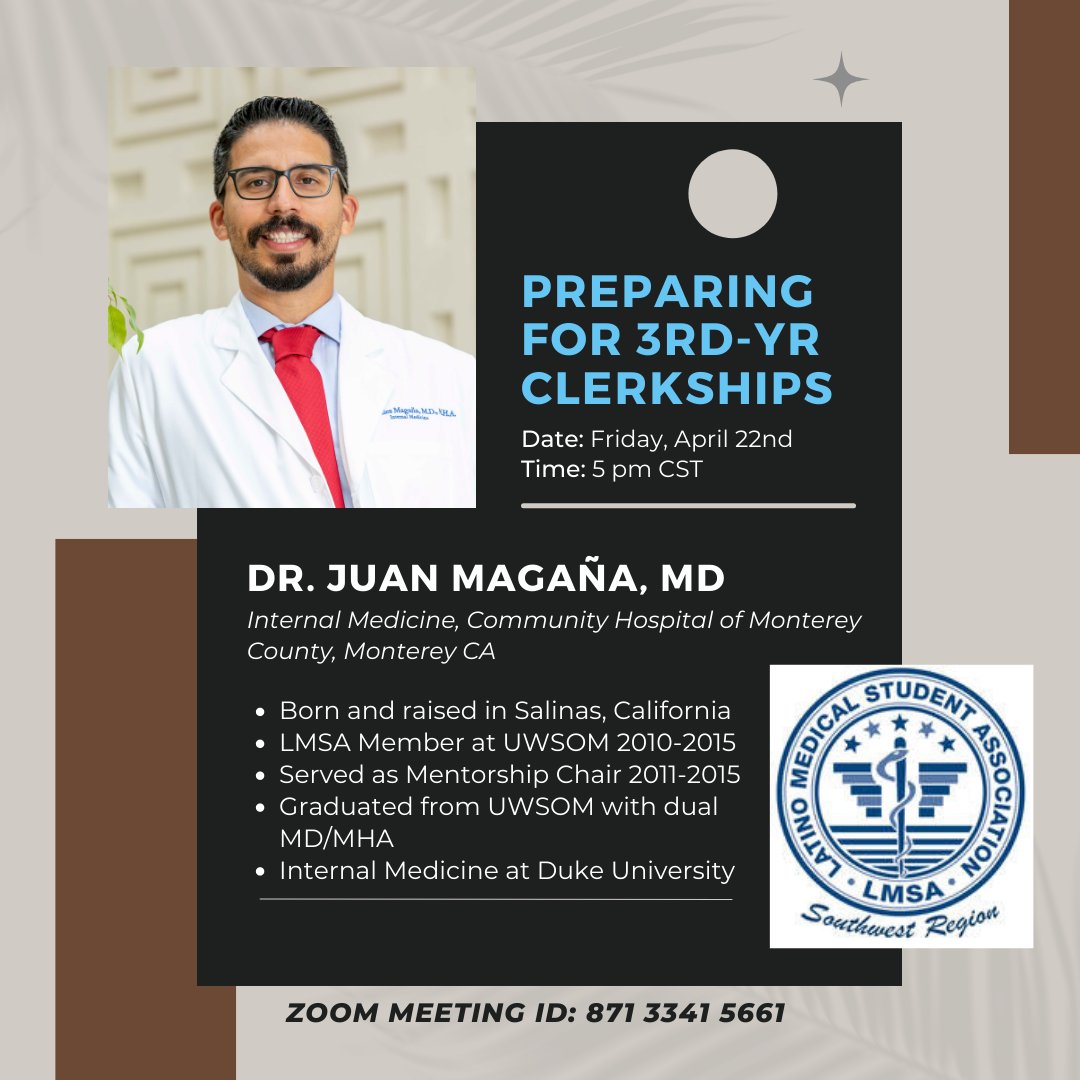 lmsa_southwest's tweet photo. We are excited to welcome back a former LMSA member, Dr. Magana! He has been a wonderful resource for our region and he is very excited to share tips on how to be successful during 3rd/4th-year rotations. All MDs and DOs are welcome to attend!  
https://t.co/ew9do0Vrop https://t.co/FOGz9FAQZG