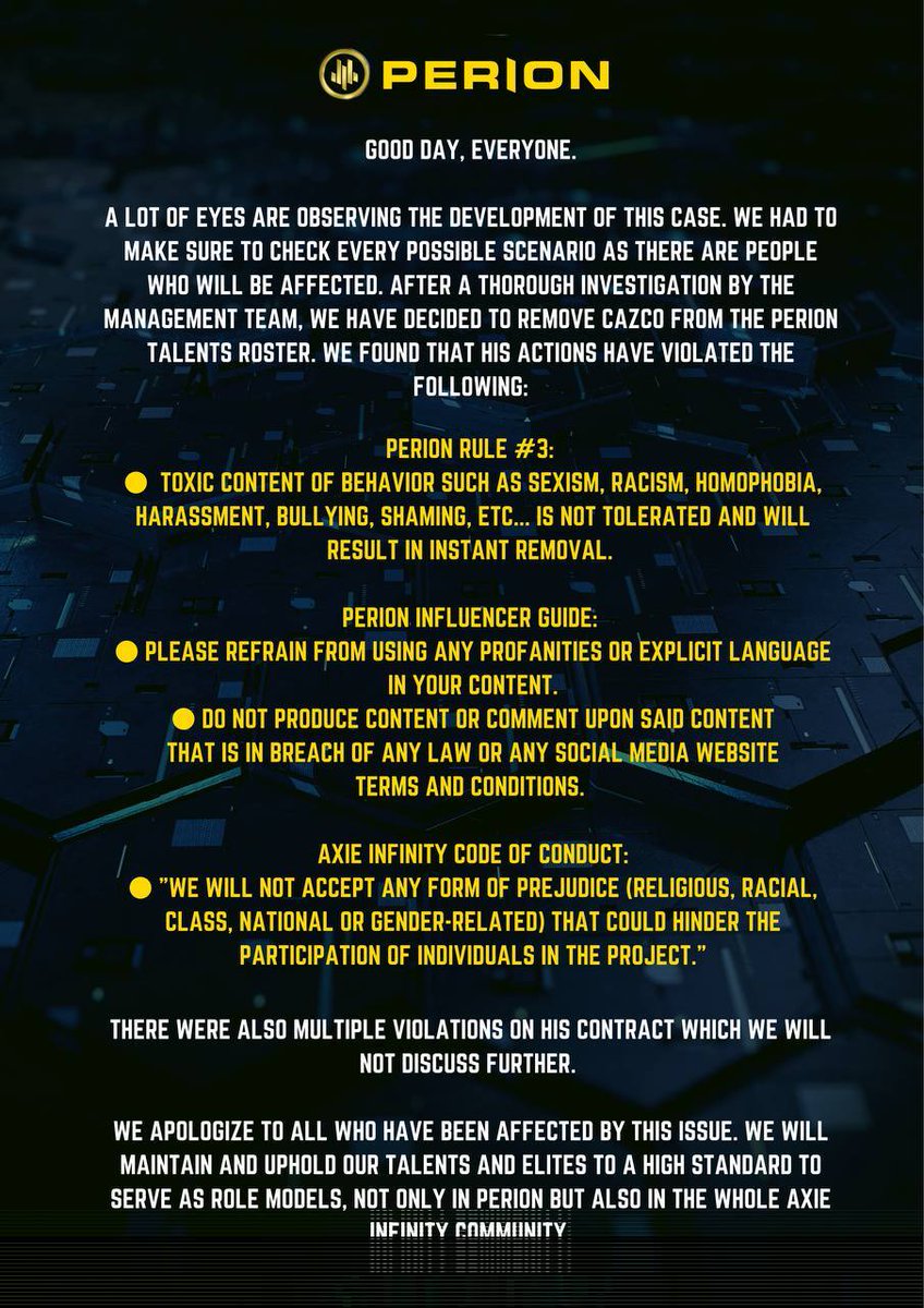 Regarding our ex-team member Cazco...