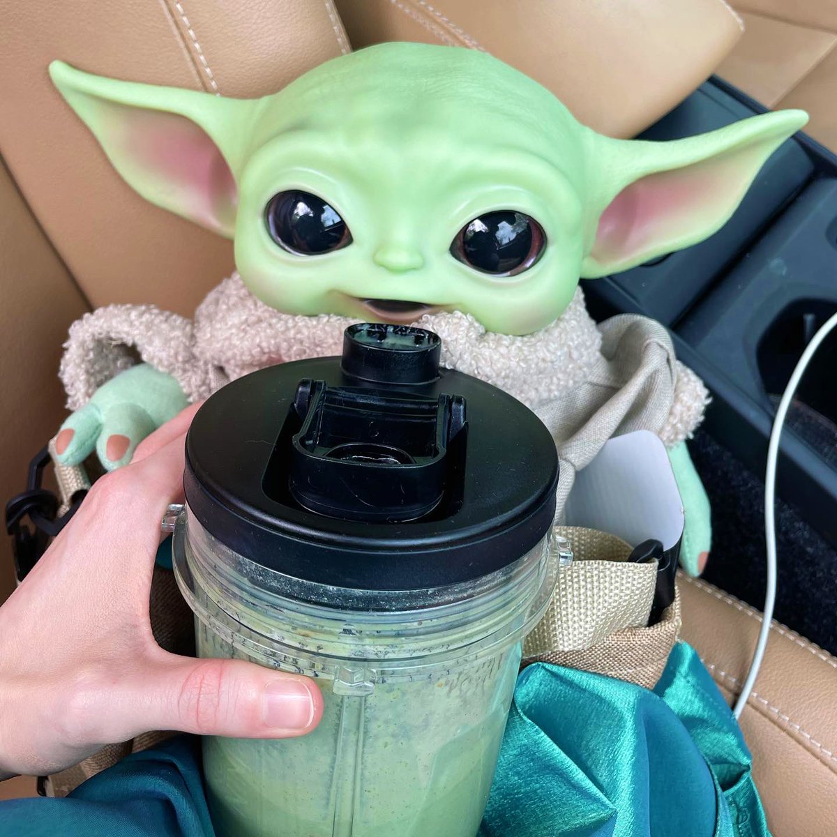 trying to switch Grogu off of frogs &amp; onto a vegan green milk…he seems to like it so far #mommythings #savetheducks