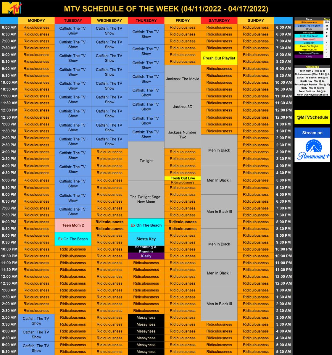 MTVSchedule's tweet photo. Here's MTV schedule for the week of 04/11/2022!

Highlights:
An episode of the iCarly revival will air on Thursday @ 10:30p

#MTVSchedule2022 #week15 https://t.co/tKXks8FxcO