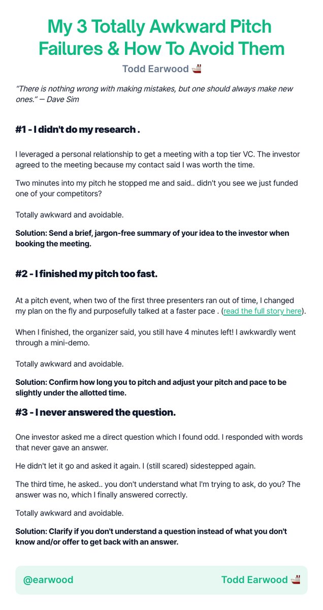 earwood's tweet photo. The internet loves seeing videos, memes or stories about embarrassing failures.

Here's three of my most awkward blunders pitching investors and exactly how you can avoid them!  #pitchfail 👇👇👇 https://t.co/KtZBVPgbos