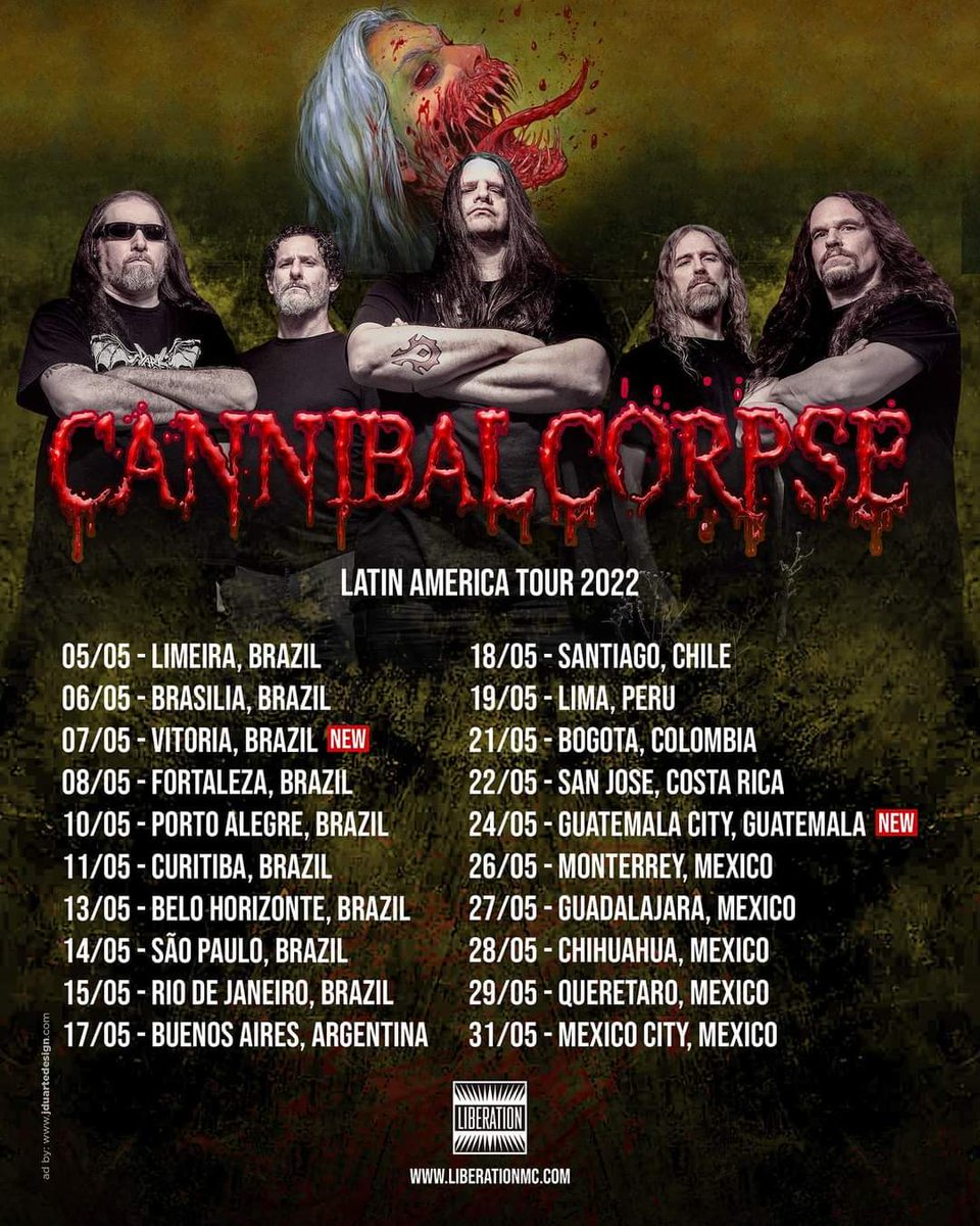 🔥 <a href="/CorpseOfficial/">Cannibal Corpse</a>  visita México 🇲🇽 dentro de su gira por Latinoamérica.

➡️ Guadalajara 27 de mayo en @GTeatroEstudio
Presentados por <a href="/chamucoprods/">ChamucoProductions</a> 🤘