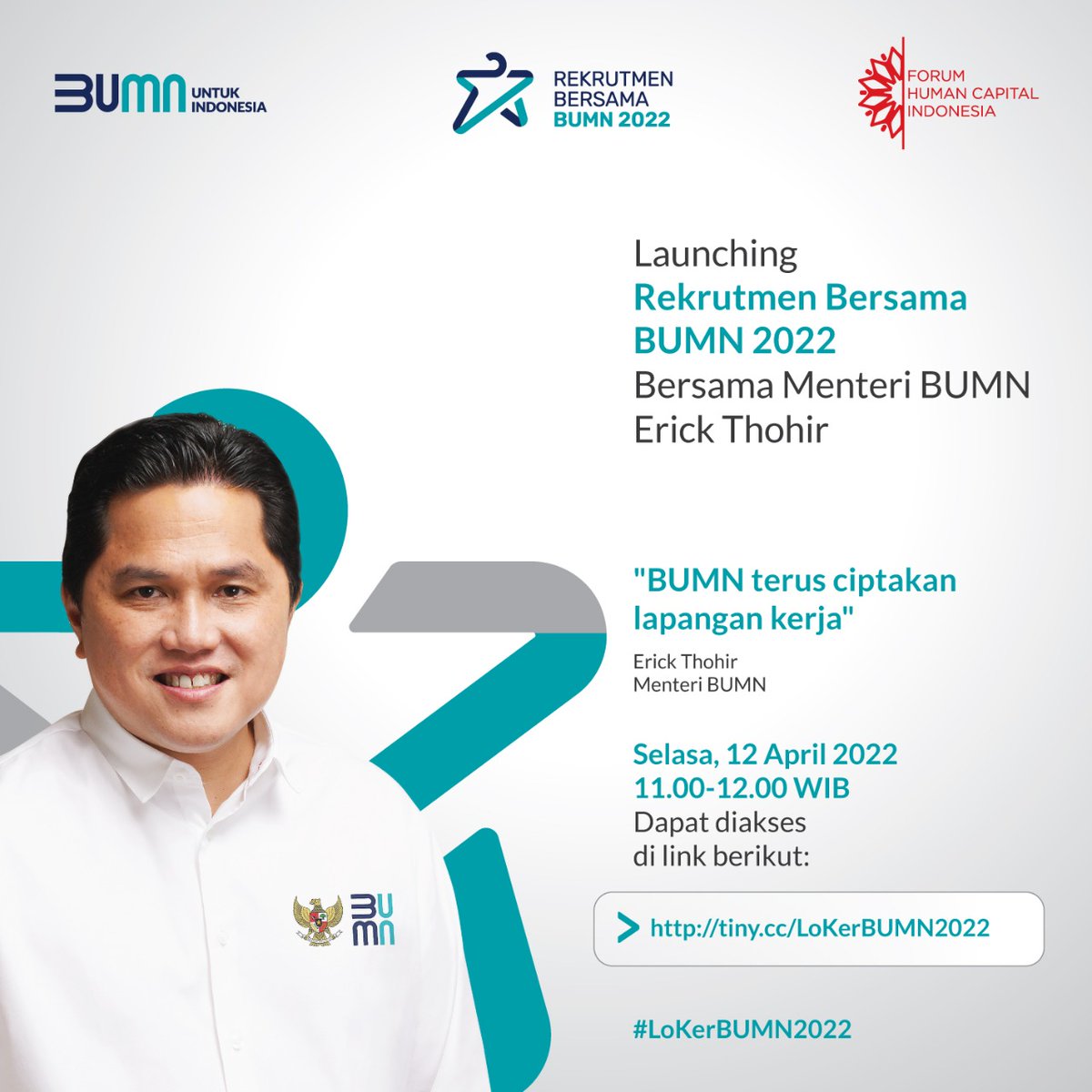 bumn_idn's tweet photo. #SobatBUMN,

✨Semangat pagi, Putra Putri Terbaik Bangsa!✨

Yang ditunggu-tunggu akhirnya tiba! Rekrutmen Bersama BUMN 2022 hadir dan memanggil kalian untuk menghadiri

📌Launching Rekrutmen Bersama 2022📌 https://t.co/0ZYF31QxjX