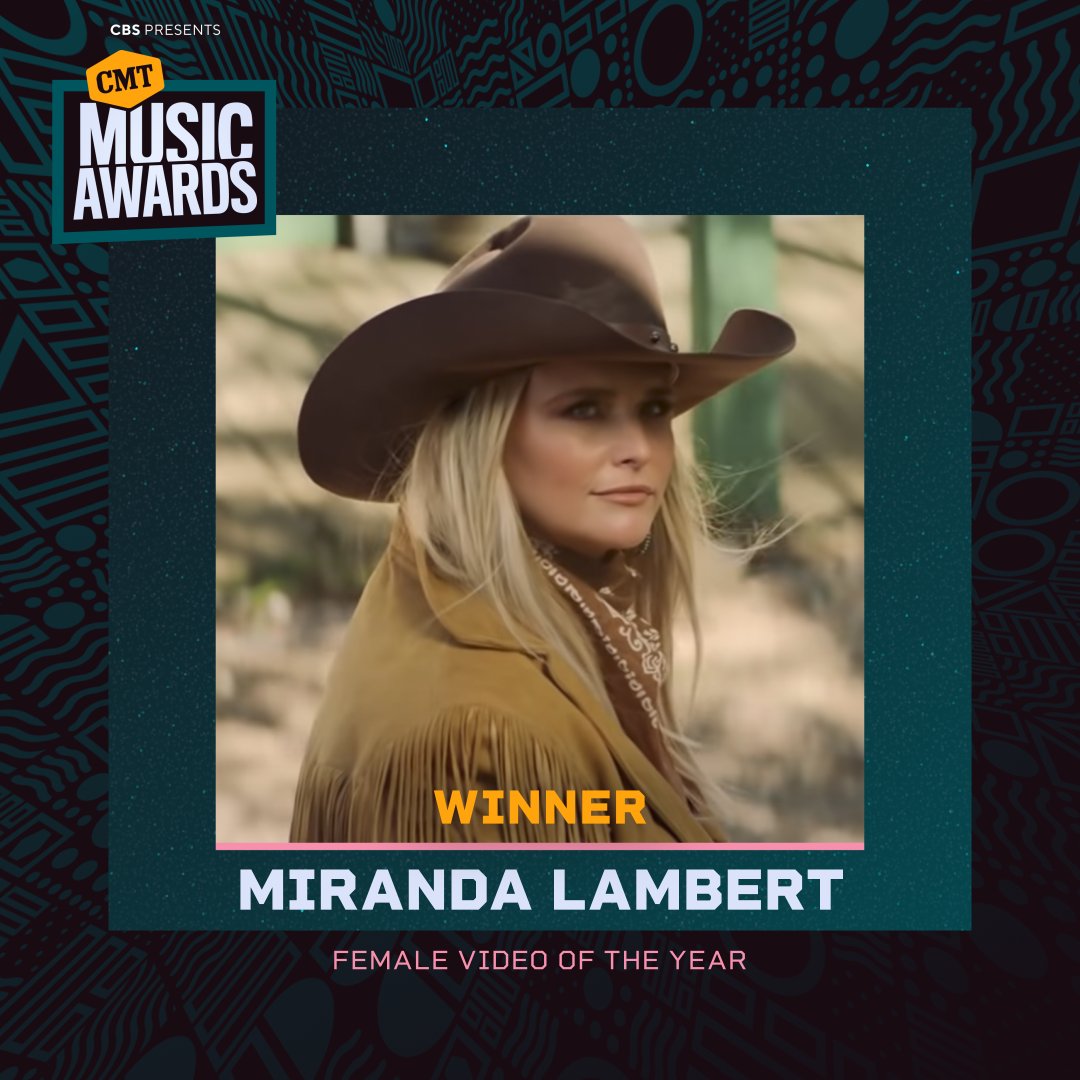 CMT's tweet photo. And the winner for Female Video of the Year is... @mirandalambert 🥳 Cheers, Miranda! #CMTAwards https://t.co/7QGTePJtVp