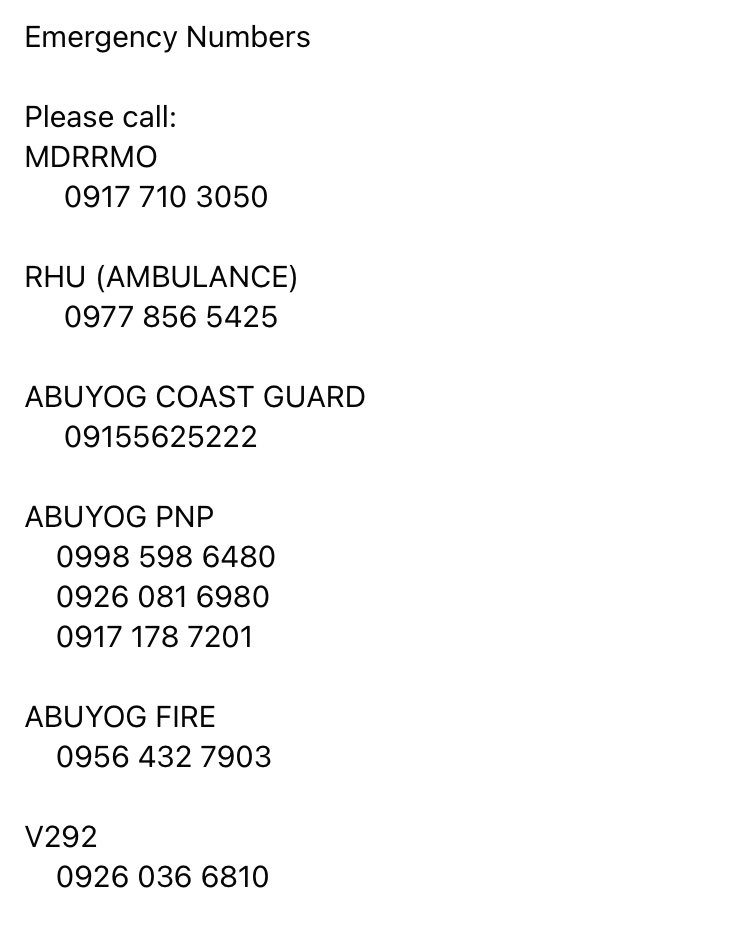 alluringbaex's tweet image. Please retweet this as well. These are the emergency hotline numbers.

#IloiloNeedsHelp
#CapizNeedsHelp
#LeyteNeedsHelp #BaybayNeedsHelp #AbuyogNeedsHelp #AgatonPH #BagyongAgaton