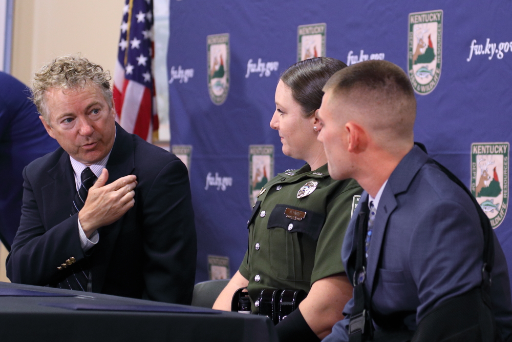 kyfishwildlife's tweet photo. Today, Sen. @RandPaul presented Ky. Conservation Officer Samantha Faoro &amp; @kystatepolice Trooper Michael Sanguigni with copies of the Congressional Record honoring them. Faoro came to Sanguigni’s aid after he was wounded multiple times during a Jan. 28 traffic stop in Cynthiana. https://t.co/MiJdTUVrzB