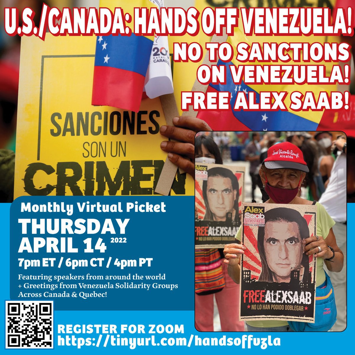 Imperdible este webinar 👉 Hands off Venezuela 🇻🇪

Este #14Abril con el Prof. Luis Acuña, Encargado de Negocios de 🇻🇪 en Canadá @lacunasucre,
@UniondelBarrio y la Prof @RadDesai

@blumo0n @StateSEHI @ONU_es 

#handsoffvenezuela
 #11AResiste