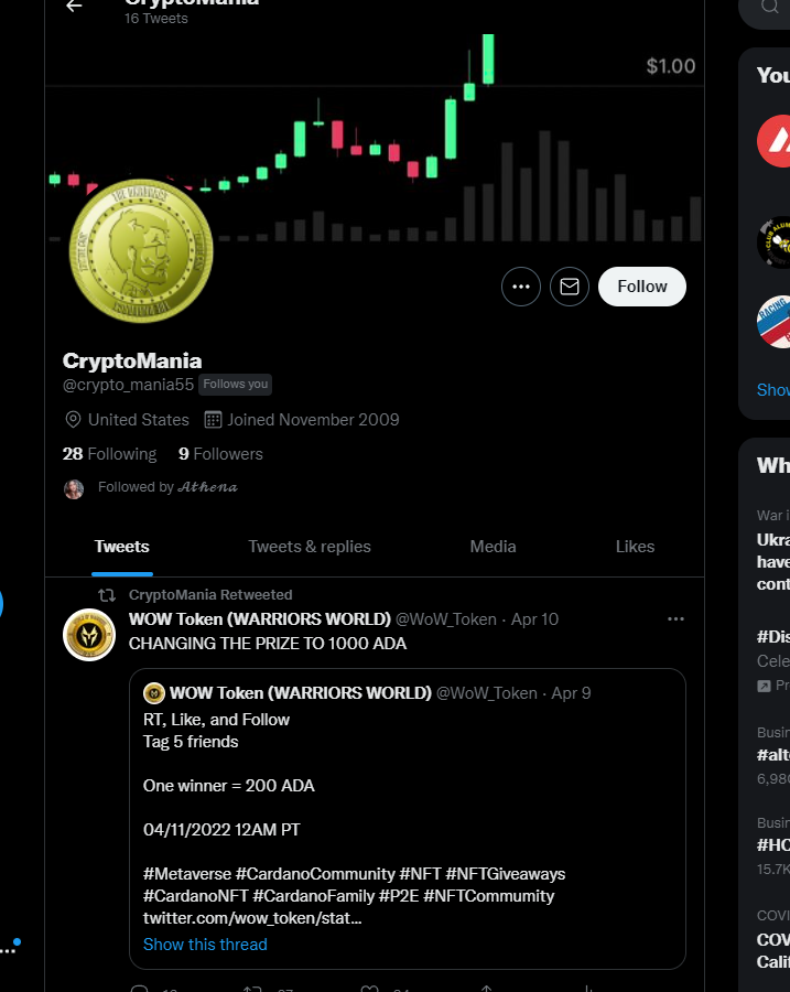 WoW_Token's tweet photo. CONGRATULATIONS to the 1,000 ADA LUCKY WINNER!!!

@crypto_mania55

Please DM @WoW_Token to claim your prize.

#Metaverse #CardanoCommunity #CardanoNFT https://t.co/OQqQzy1dbW
