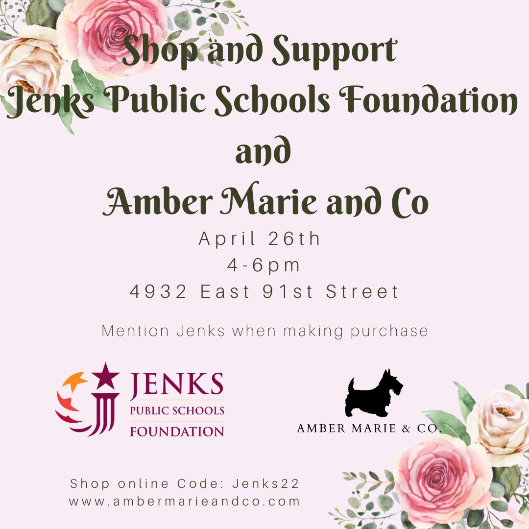 JHSPTAG's tweet photo. Looking for a fun and easy way to support the Jenks Public Schools Foundation?  Shop Amber Marie &amp; Co in person OR online on April 26th.  It’s also a great opportunity to find graduation and end of the year gifts for teachers/staff! @JenksPSF  shop online code:Jenks22 https://t.co/MriYsVQ5rP