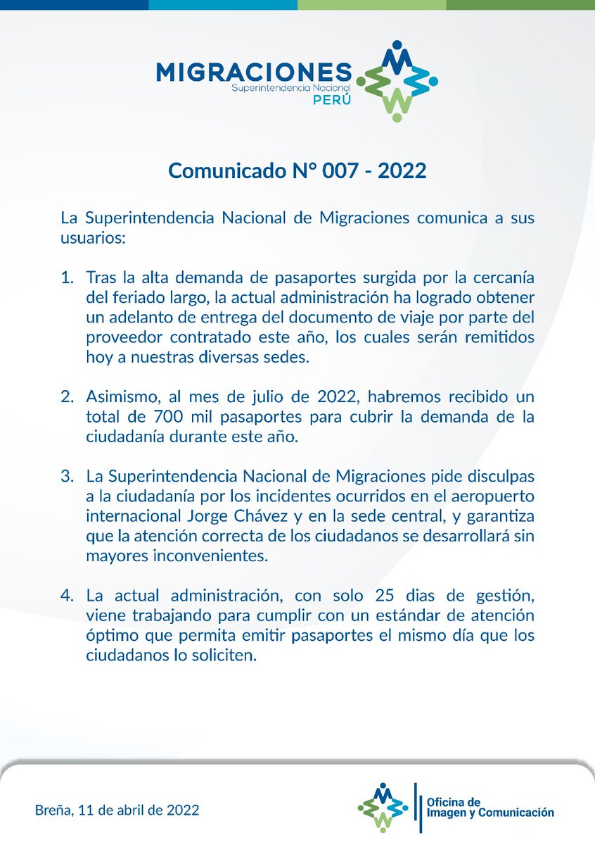 MigracionesPe's tweet photo. 🔴 #MigracionesPerú comunica a sus usuarios lo siguiente: https://t.co/cN1iyn7vqL