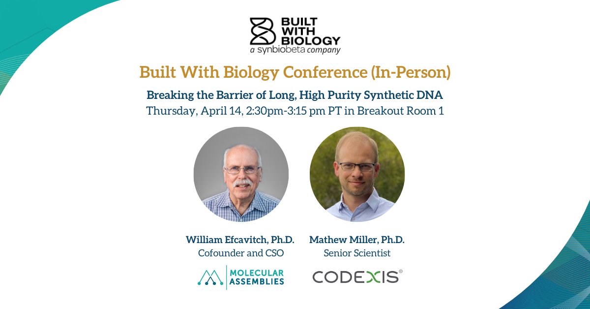 molassemblies's tweet photo. Going to #BuiltWithBiology and interested in #DNA synthesis?

Join us with @CodexisInc to hear more about co-developing our evolved DNA polymerase, what makes #DNAsynthesis “Fully Enzymatic,” and how to get early access to our #FES technology.

#synbio #synbio101 @BuiltWithBio https://t.co/lpknYmCmql