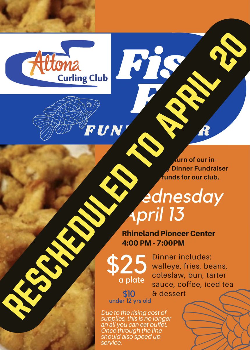 We are postponing our Fish Fry to Wednesday April 20th due to the impending storm.