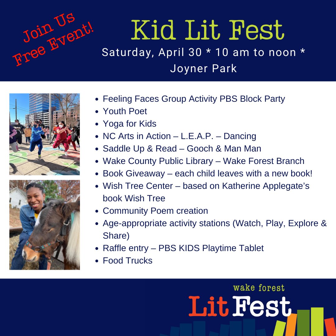 page158books's tweet photo. Lit Fest is back this year with a special free event for kids.ย
Celebrate the fun of reading with us at Joyner Park on April 30th. Each child leaves with a new book!ย
For details visit https://t.co/3fFB0lLL3g
#litfest #kidlitfest #readingmatters https://t.co/DhvnAD5ROu