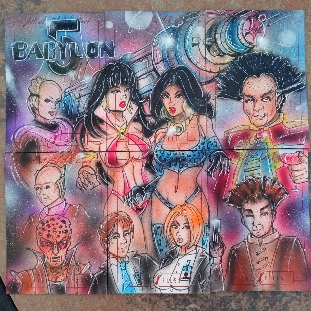ThePhoenixxx's tweet photo. Babylon 5, X-files, Vampirella and Pantha crossover sketch card puzzle commission.

#biancathompson #biancathompsonart #sketchcardcommission #Babylon5 #xfiles #vampirella #pantha #sketchcard #commission https://t.co/9pweXMOpmX