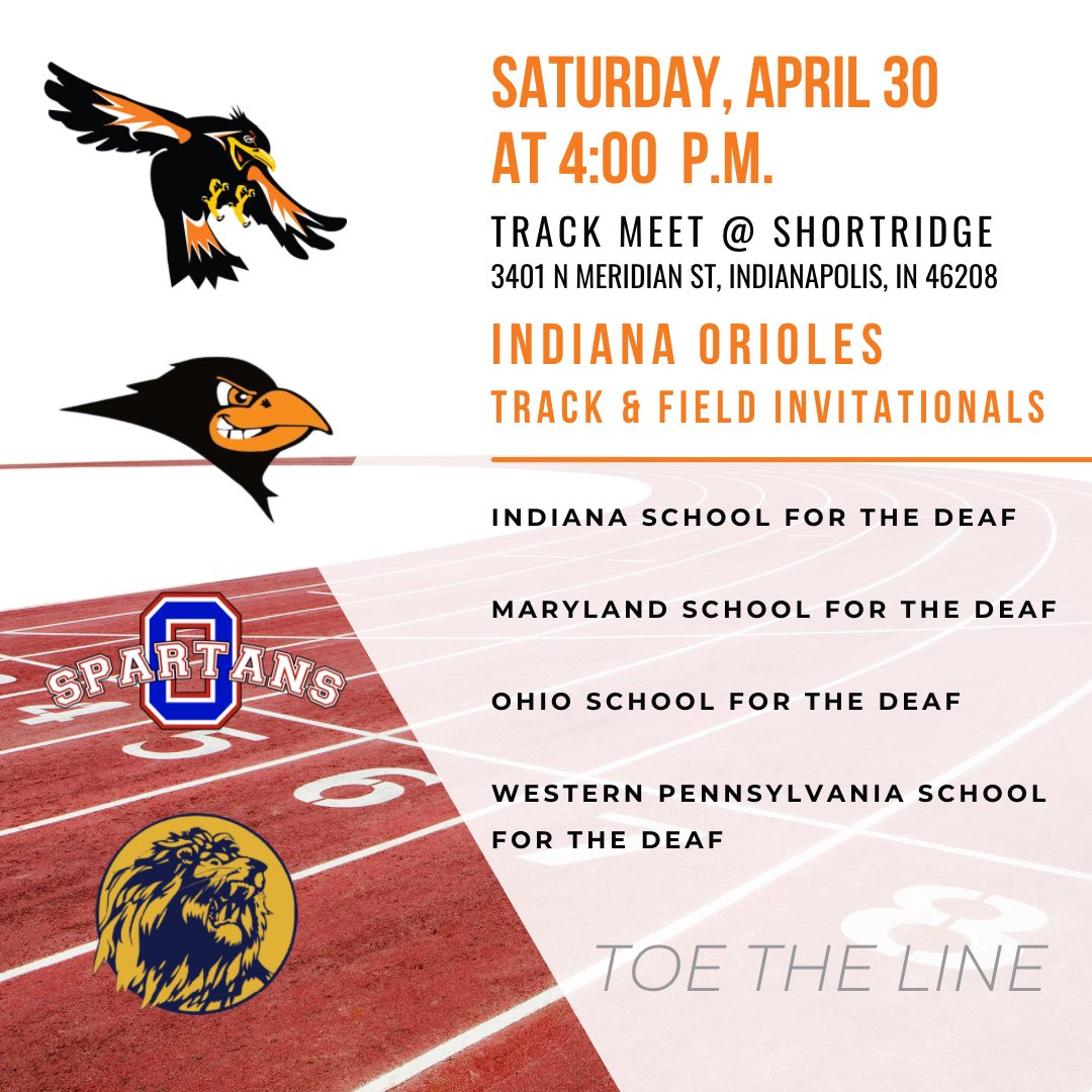 ESDAA1927's tweet photo. SAVE THE DATE! 🗓️

Three #ESDAA schools will travel to Indiana for the @ISDOrioles Track &amp; Field Invitationals on Saturday, April 30th at 4:00pm EST.

Let's go @MSDeafAthletics, @OSDSports, and @WPSD_LionPride. Good luck and make us proud!! https://t.co/hT5EIE9sHI