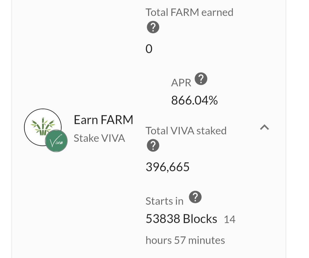TheFarmToken's tweet image. Stake $VIVA and earn $FARM at app.vivafi.org! Our staking pool is going live in 14 hours, up to 866% APR 👀🤯

@VivaStakingPool