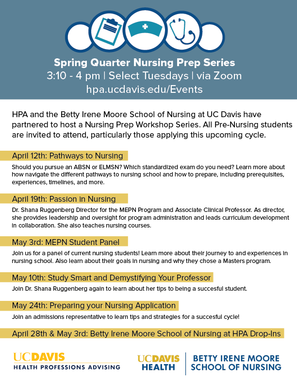 UCDHPA's tweet photo. Throughout the series, meet current nursing students, the director of MEPN and associate professor, and an admissions representative. Join us at https://t.co/VhPFC0Kpqw. https://t.co/tsyj6DZi0t