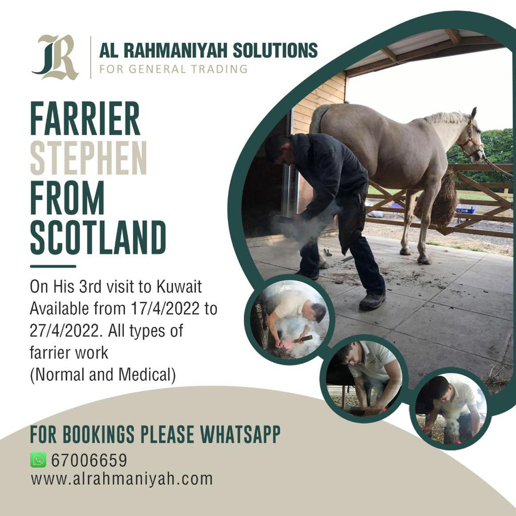 alrahmaniyahco's tweet photo. Farrier Stephen from Scotland 
On His 3rd visit to Kuwait

Licensed Farrier
 
Available from 17/4/2022 to 27/4/2022

All types of farrier work (Hot &amp; Cold Shoeing, Trimming, Remedial Trimming, Abscess, Laminitic, Navicular, Conformation,…etc) https://t.co/vTeOGlRBMo