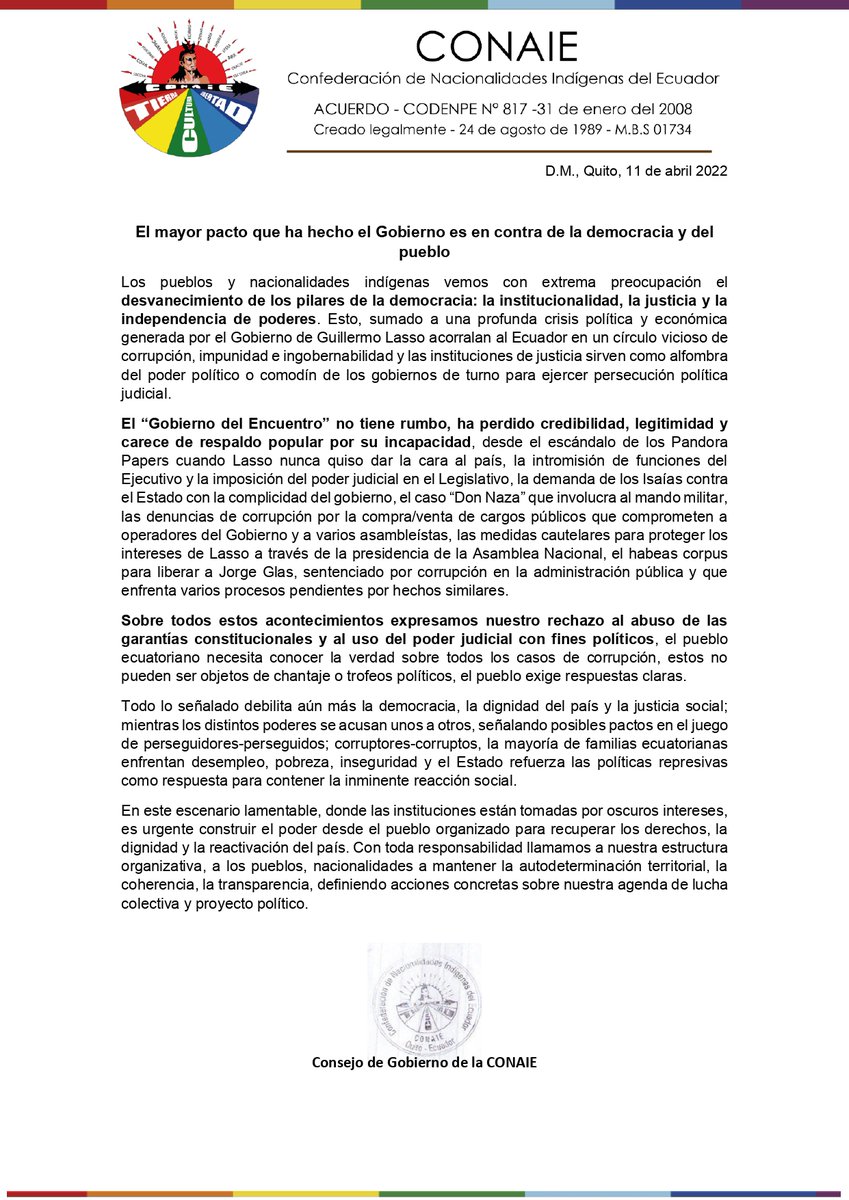 LeonidasIzaEc's tweet photo. El Gobierno de #GuillermoLasso no tiene rumbo, ha perdido credibilidad, legitimidad y carece de respaldo popular por su incapacidad.
El pueblo ecuatoriano necesita conocer la verdad sobre todos los casos de corrupción, estos no pueden ser objetos de chantaje o trofeos políticos. https://t.co/9tB1eML11P