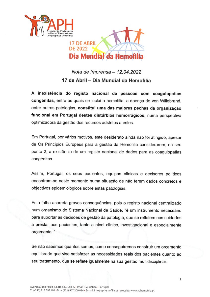 🩸Dia 17 de Abril comemora-se o DIA MUNDIAL DA HEMOFILIA. 🩸
A APH emitiu um comunicado.
Aos nossos associados pedimos que divulguem a nossa mensagem. Bom DMH para todos!
yep.pt/xuxv6p
#DMH2022 #WHD2022