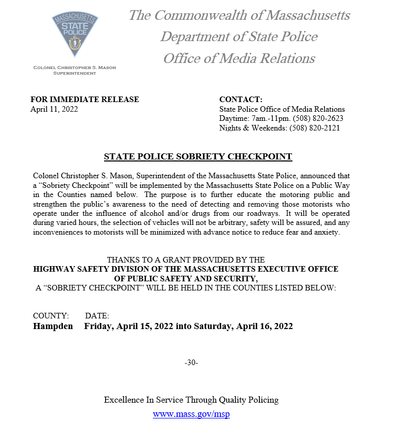 Mass State Police on Twitter "Hampden County Sobriety Checkpoint https