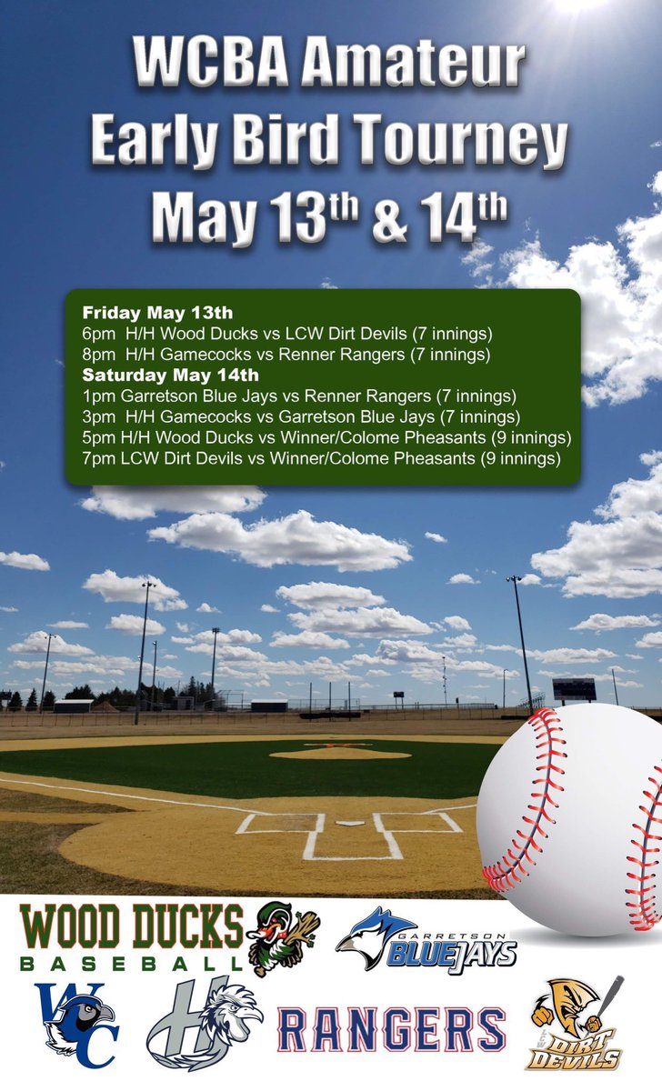 HWoodducks's tweet photo. West Central Baseball Association will be hosting an Amateur Baseball Early Bird tournament this year in Humboldt! Make sure to come out and support your local teams! @LCWDirtDevils @HHGamecocks @GarretsonJays @WCPheasants @RennerRangers https://t.co/r18mB6pzDx