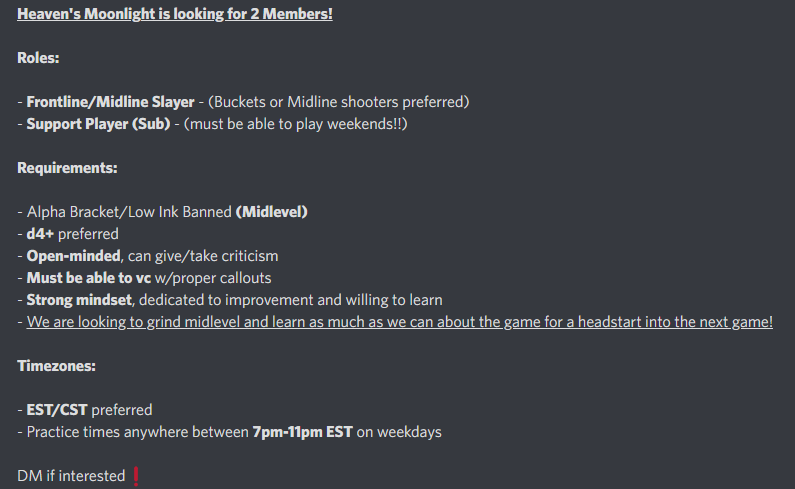 HvensMoonlight's tweet photo. Heaven's Moonlight is recruiting! ‼️👀 If you are interested in taking your talents a step further and moving onto the next level, this might be the team for you! Check our guidelines down below! DM if interested! ‼️ https://t.co/RdR75b59Lc